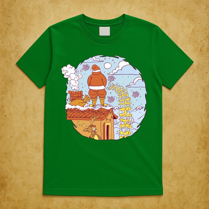 Santa Claus Peeing On Roof Funny Holiday Christmas T-Shirt