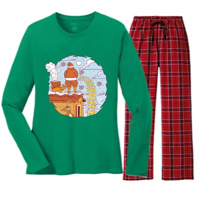 Santa Claus Peeing On Roof Funny Holiday Christmas Women's Long Sleeve Flannel Pajama Set 