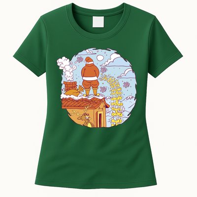 Santa Claus Peeing On Roof Funny Holiday Christmas Womens T-Shirt