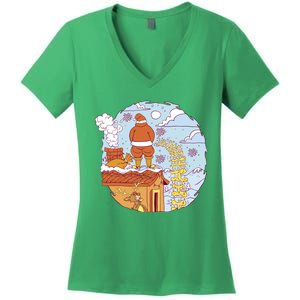 Santa Claus Peeing On Roof Funny Holiday Christmas Women's V-Neck T-Shirt