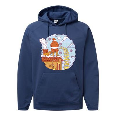 Santa Claus Peeing On Roof Funny Holiday Christmas Performance Fleece Hoodie