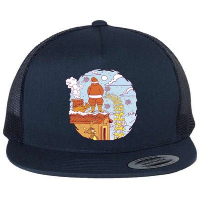 Santa Claus Peeing On Roof Funny Holiday Christmas Flat Bill Trucker Hat