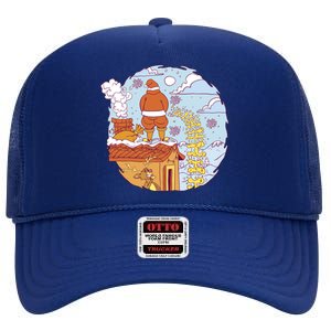 Santa Claus Peeing On Roof Funny Holiday Christmas High Crown Mesh Back Trucker Hat