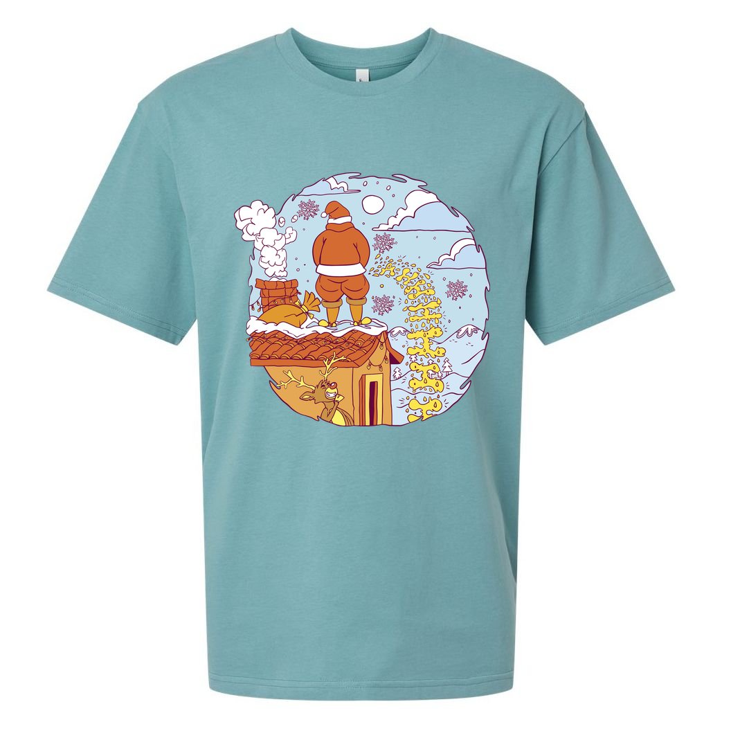 Santa Claus Peeing On Roof Funny Holiday Christmas Sueded Cloud Jersey T-Shirt