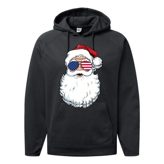 Santa Claus Patriotic Usa Sunglasses Christmas In July Santa Performance Fleece Hoodie