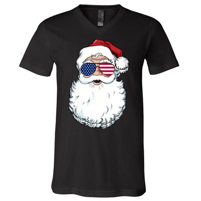 Santa Claus Patriotic Usa Sunglasses Christmas In July Santa V-Neck T-Shirt