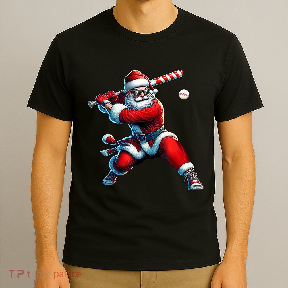 Santa Claus Playing Baseball Player Christmas T-Shirt