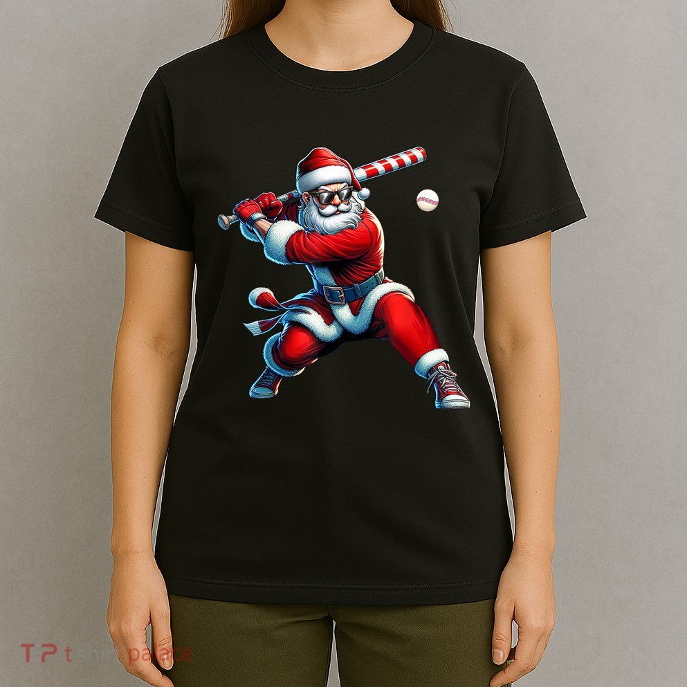 Santa Claus Playing Baseball Player Christmas T-Shirt