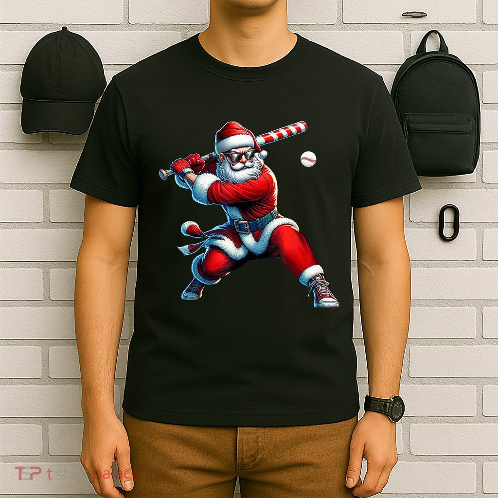 Santa Claus Playing Baseball Player Christmas T-Shirt