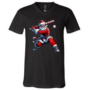 Santa Claus Playing Baseball Player Christmas V-Neck T-Shirt