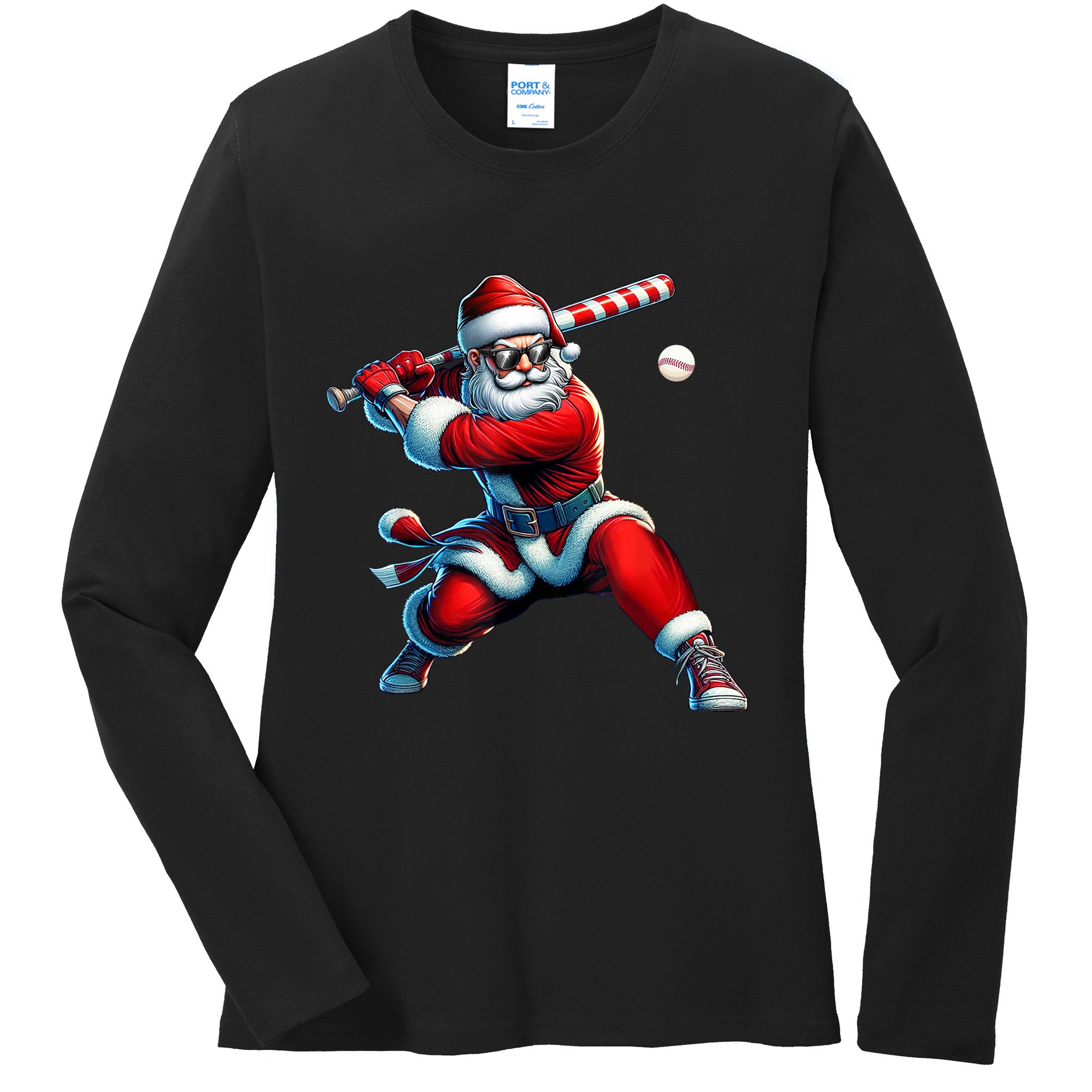 Santa Claus Playing Baseball Player Christmas Ladies Long Sleeve Shirt