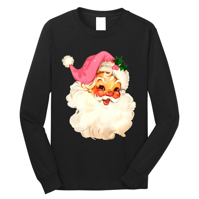 Santa Claus Pink Christmas Face Old Xmas Vintage Pink Santa Long Sleeve Shirt