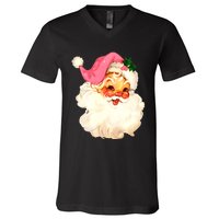 Santa Claus Pink Christmas Face Old Xmas Vintage Pink Santa V-Neck T-Shirt