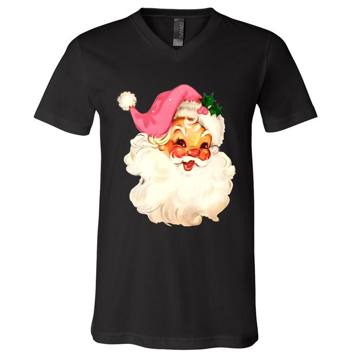 Santa Claus Pink Christmas Face Old Xmas Vintage Pink Santa V-Neck T-Shirt