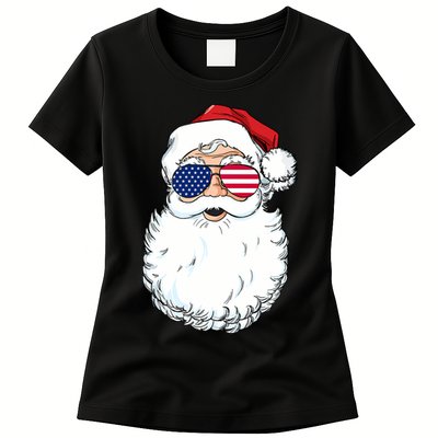 Santa Claus Patriotic USA Sunglasses Christmas In July Santa Womens T-Shirt