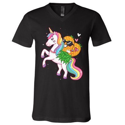 Swingers Couple Pineapple Swinging On A Unicorn Swinger V-Neck T-Shirt