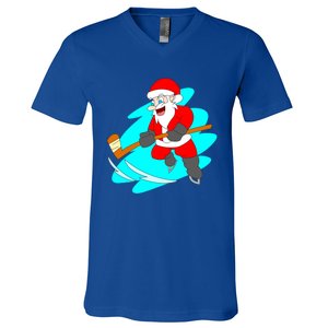 Santa Claus Playing Ice Hockey Player Christmas Celebration Gift V-Neck T-Shirt