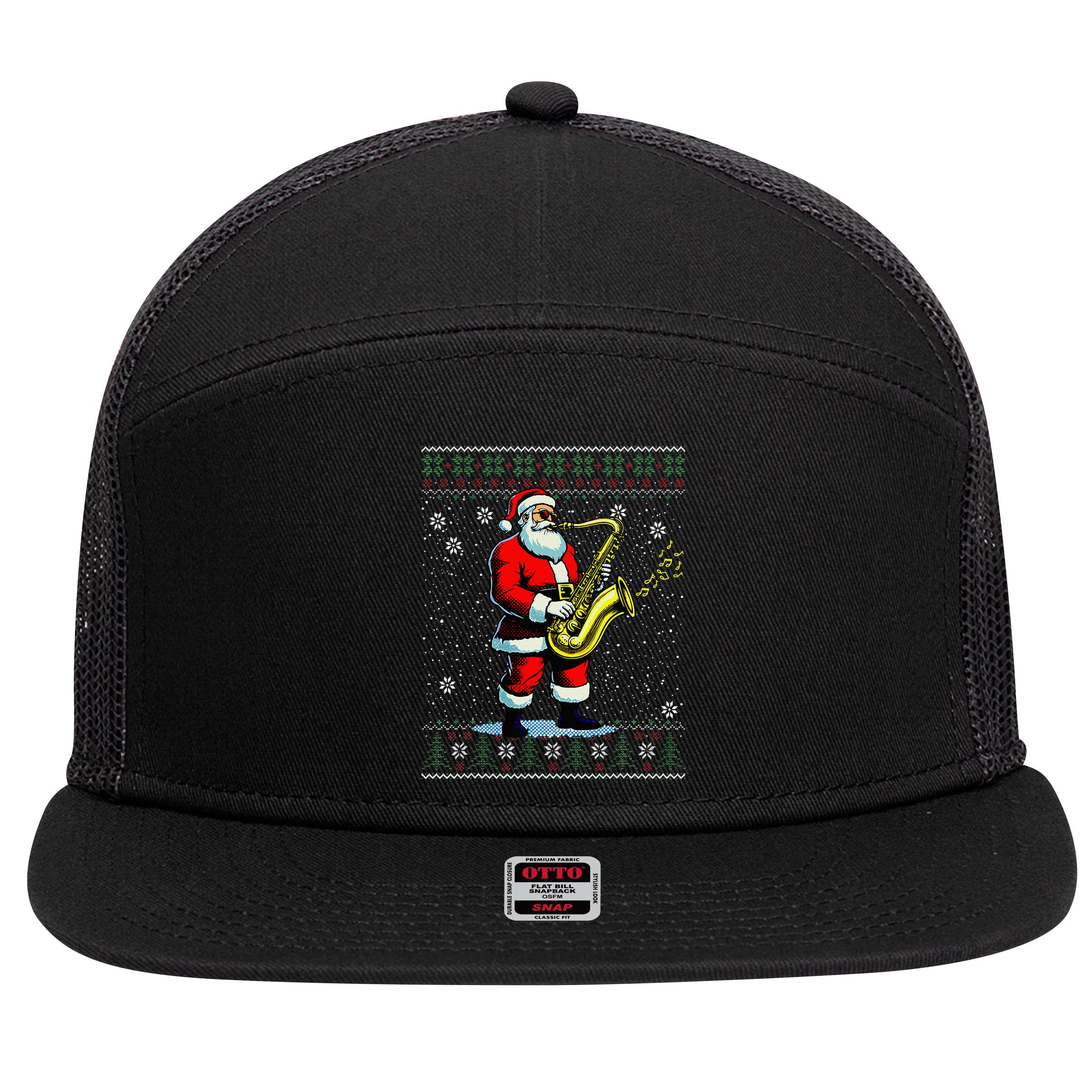Santa Claus playing Saxophone Musical Ugly Christmas Sweater  7 Panel Mesh Trucker Snapback Hat