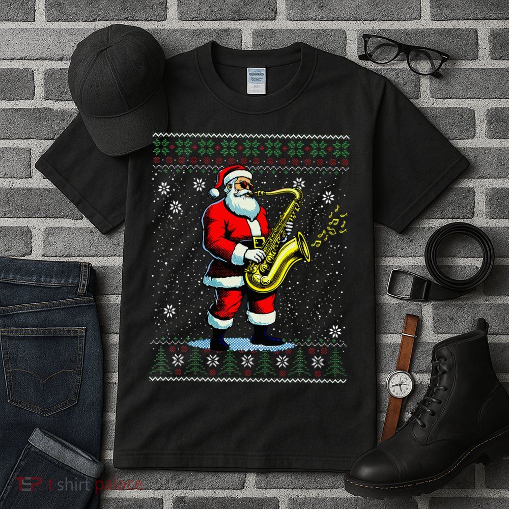 Santa Claus playing Saxophone Musical Ugly Christmas Sweater  Tall T-Shirt