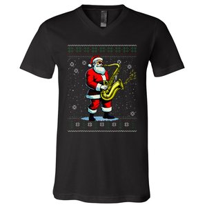 Santa Claus playing Saxophone Musical Ugly Christmas Sweater  V-Neck T-Shirt