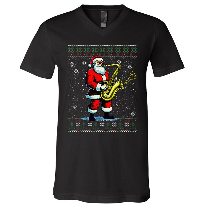 Santa Claus playing Saxophone Musical Ugly Christmas Sweater  V-Neck T-Shirt