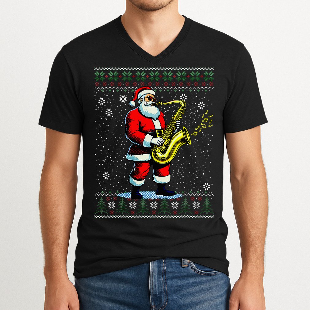 Santa Claus playing Saxophone Musical Ugly Christmas Sweater  V-Neck T-Shirt