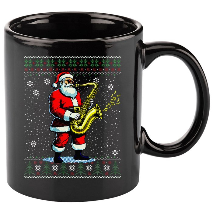 Santa Claus playing Saxophone Musical Ugly Christmas Sweater  11oz C Handle Ceramic Mug