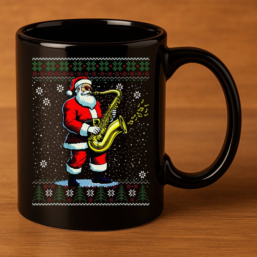 Santa Claus playing Saxophone Musical Ugly Christmas Sweater  11oz C Handle Ceramic Mug