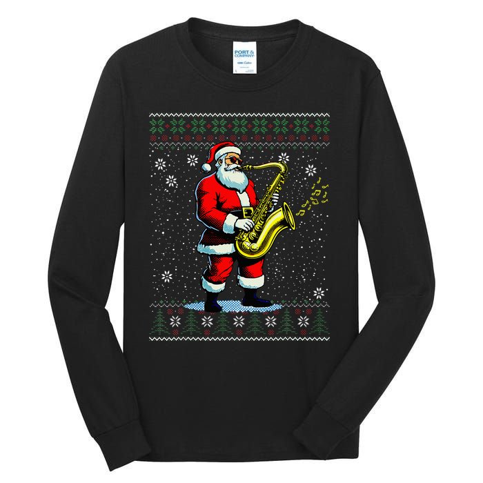 Santa Claus playing Saxophone Musical Ugly Christmas Sweater  Tall Long Sleeve T-Shirt