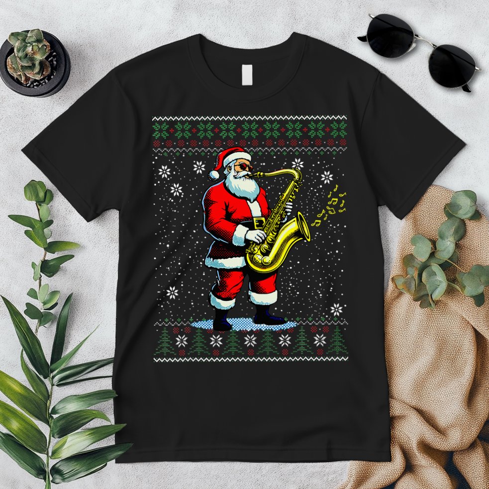 Santa Claus playing Saxophone Musical Ugly Christmas Sweater  Premium T-Shirt