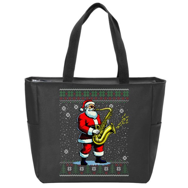 Santa Claus playing Saxophone Musical Ugly Christmas Sweater  Zip Tote Bag