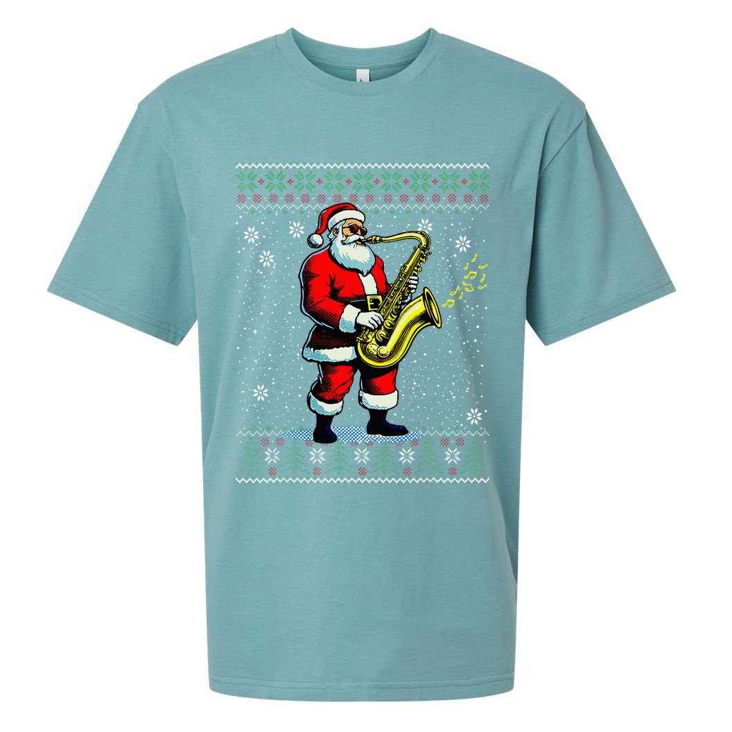 Santa Claus playing Saxophone Musical Ugly Christmas Sweater  Sueded Cloud Jersey T-Shirt