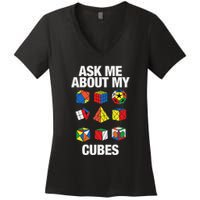 Speed Cubing Puzzle Cuber Cube Ask Me About My Cubes Women's V-Neck T-Shirt