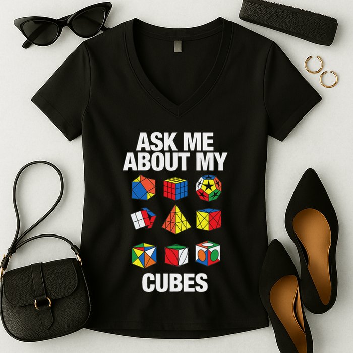 Speed Cubing Puzzle Cuber Cube Ask Me About My Cubes Women's V-Neck T-Shirt