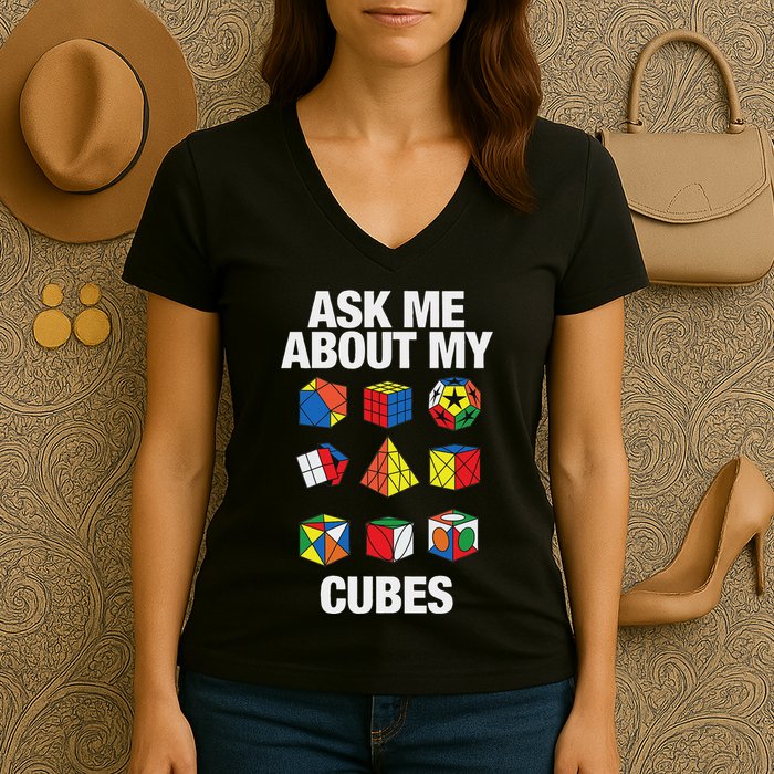Speed Cubing Puzzle Cuber Cube Ask Me About My Cubes Women's V-Neck T-Shirt