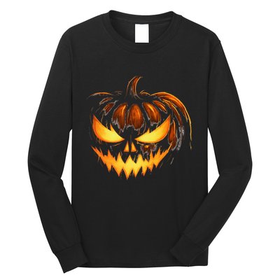 Scary Carved Pumpkin Face Jack O Lantern Halloween Costume Long Sleeve Shirt