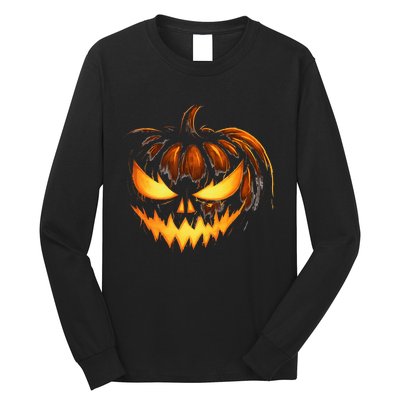 Scary Carved Pumpkin Face Jack O Lantern Halloween Costume Long Sleeve Shirt