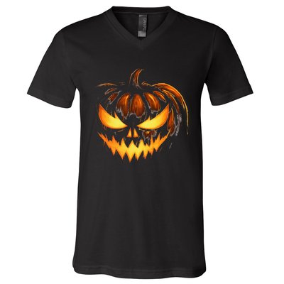 Scary Carved Pumpkin Face Jack O Lantern Halloween Costume V-Neck T-Shirt