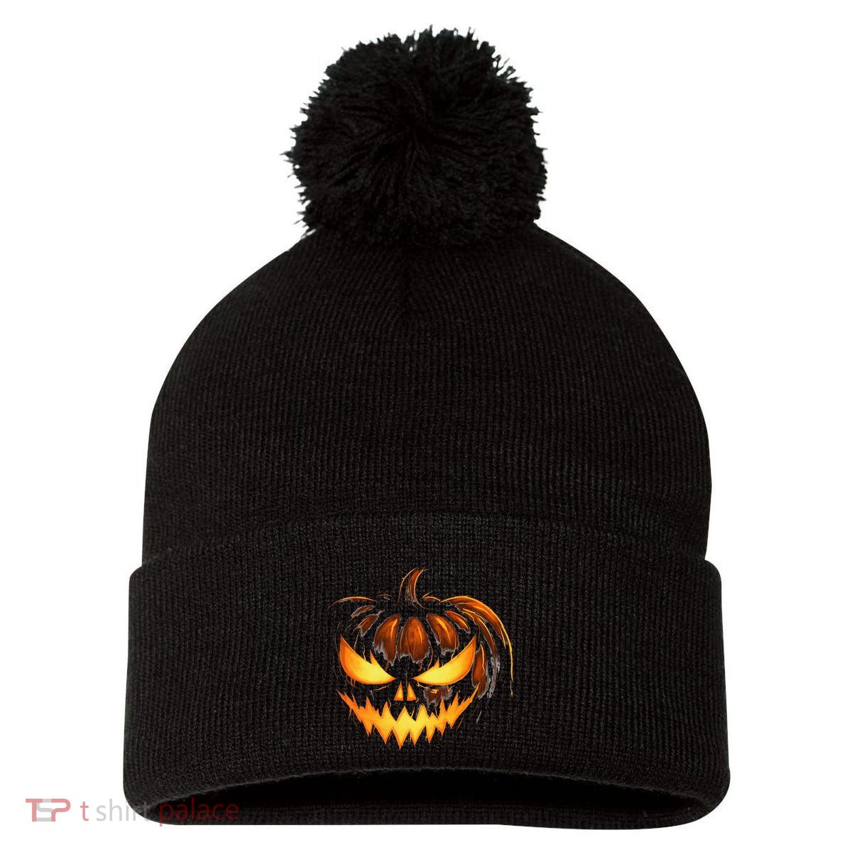 Scary Carved Pumpkin Face Jack O Lantern Halloween Costume Pom Pom 12in Knit Beanie