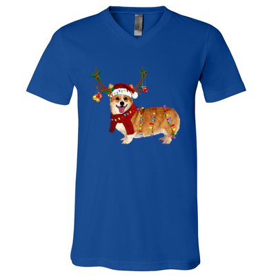 Santa Corgi Reindeer Light Christmas Gift V-Neck T-Shirt