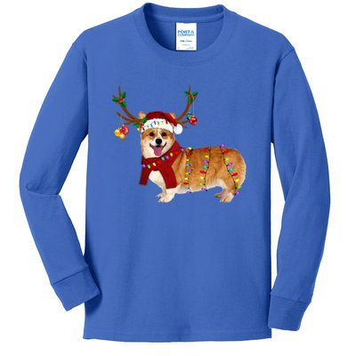 Santa Corgi Reindeer Light Christmas Gift Kids Long Sleeve Shirt