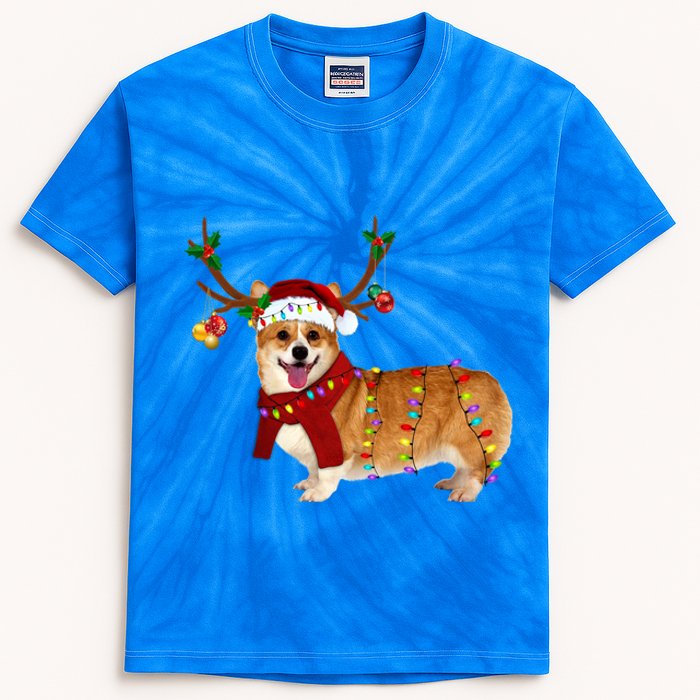 Santa Corgi Reindeer Light Christmas Gift Kids Tie-Dye T-Shirt