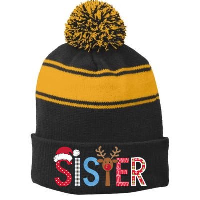 Sister Christmas Reindeer Santa Festive Design Stripe Pom Pom Beanie