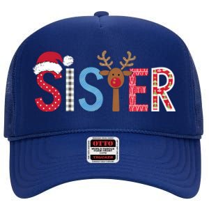 Sister Christmas Reindeer Santa Festive Design High Crown Mesh Back Trucker Hat