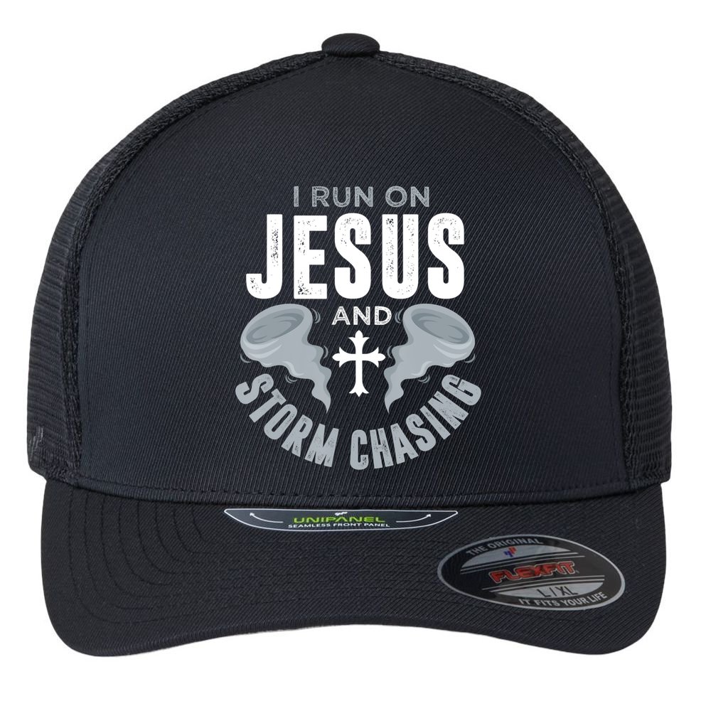 Storm Chaser Run On Jesus And Storm Chasing Tornado Flexfit Unipanel Trucker Cap