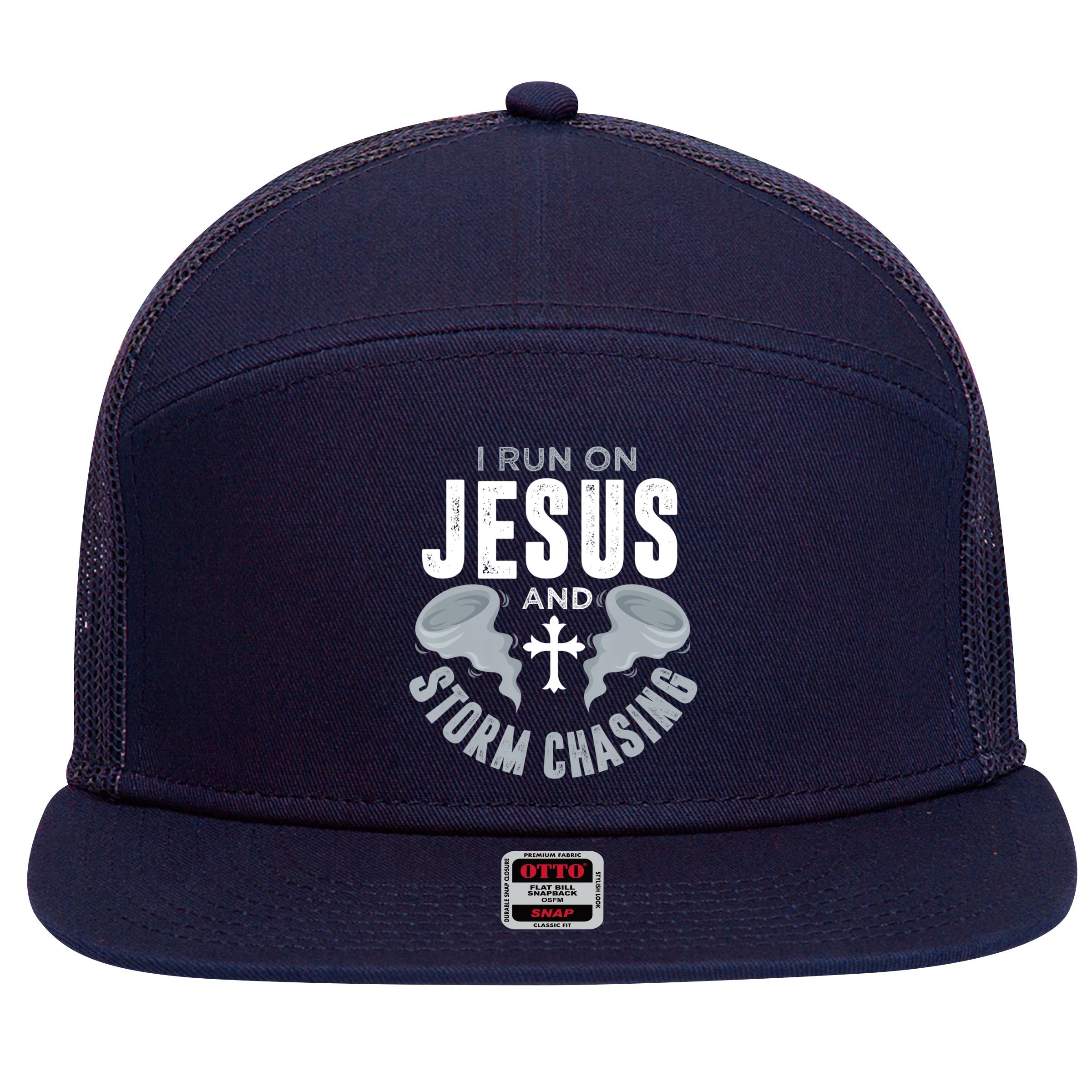 Storm Chaser Run On Jesus And Storm Chasing Tornado 7 Panel Mesh Trucker Snapback Hat