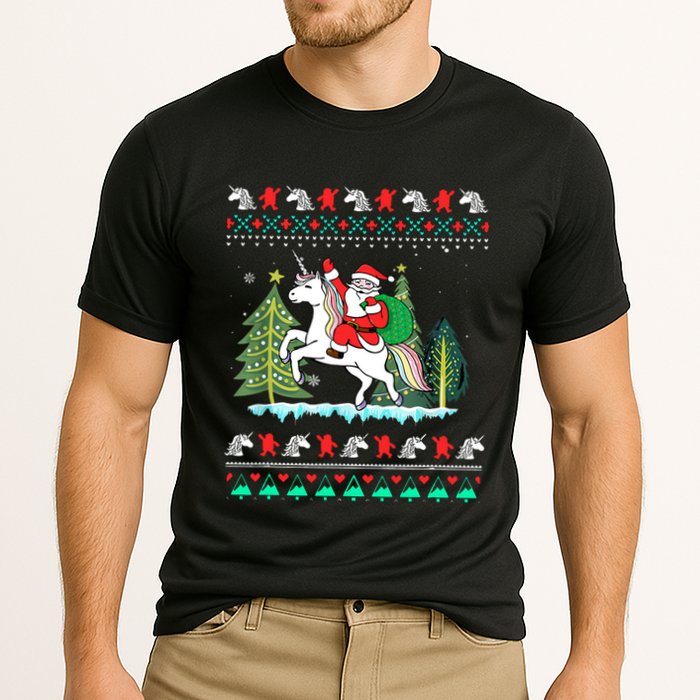 Santa Claus Riding On A Unicorn Ugly Christmas Funny Performance Shirt