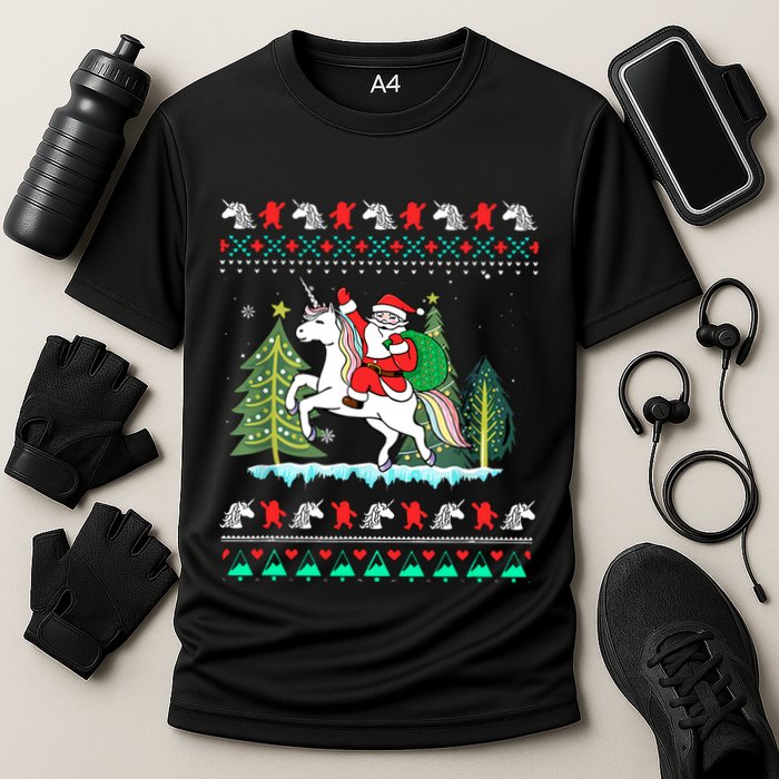 Santa Claus Riding On A Unicorn Ugly Christmas Funny Performance Shirt
