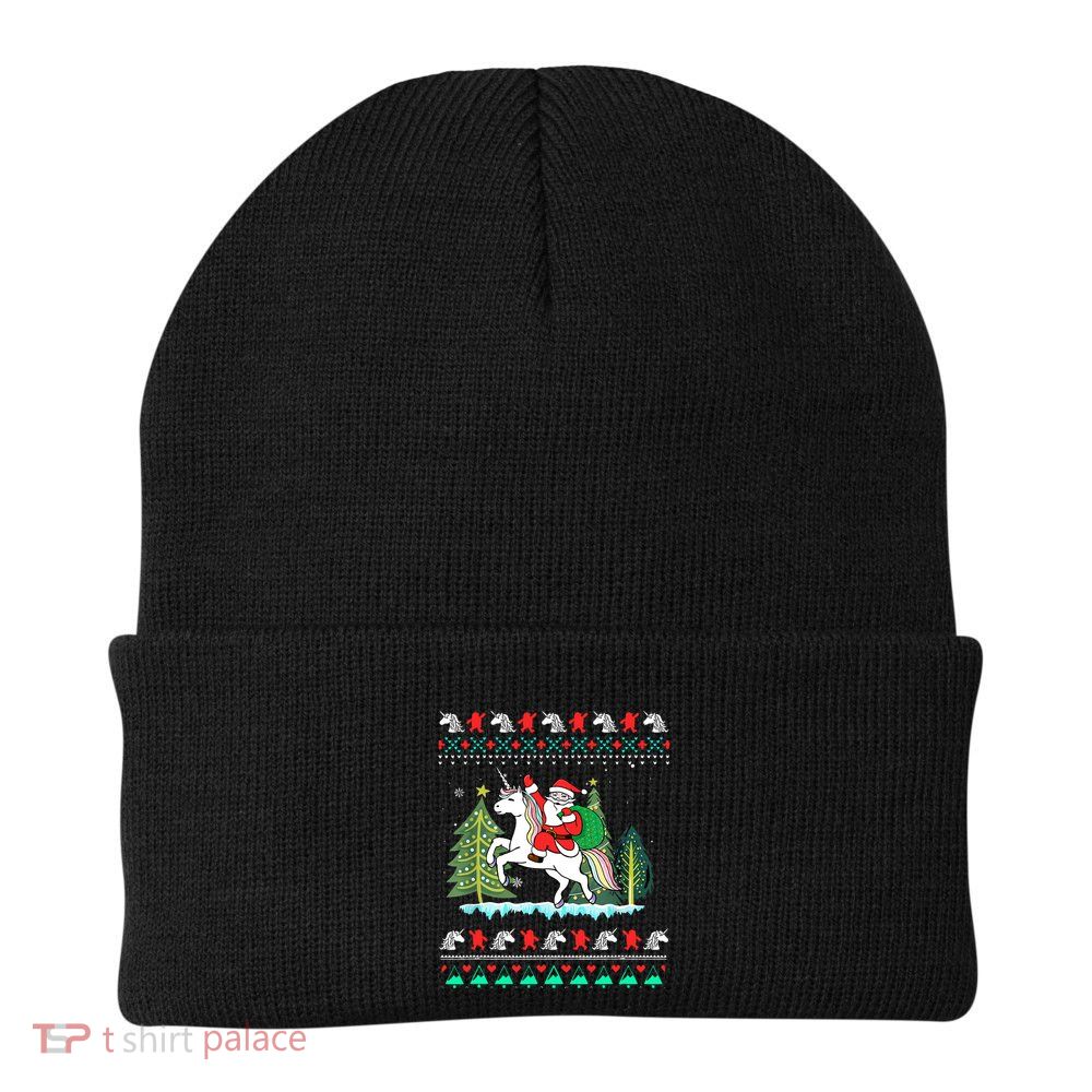 Santa Claus Riding On A Unicorn Ugly Christmas Funny Beanie