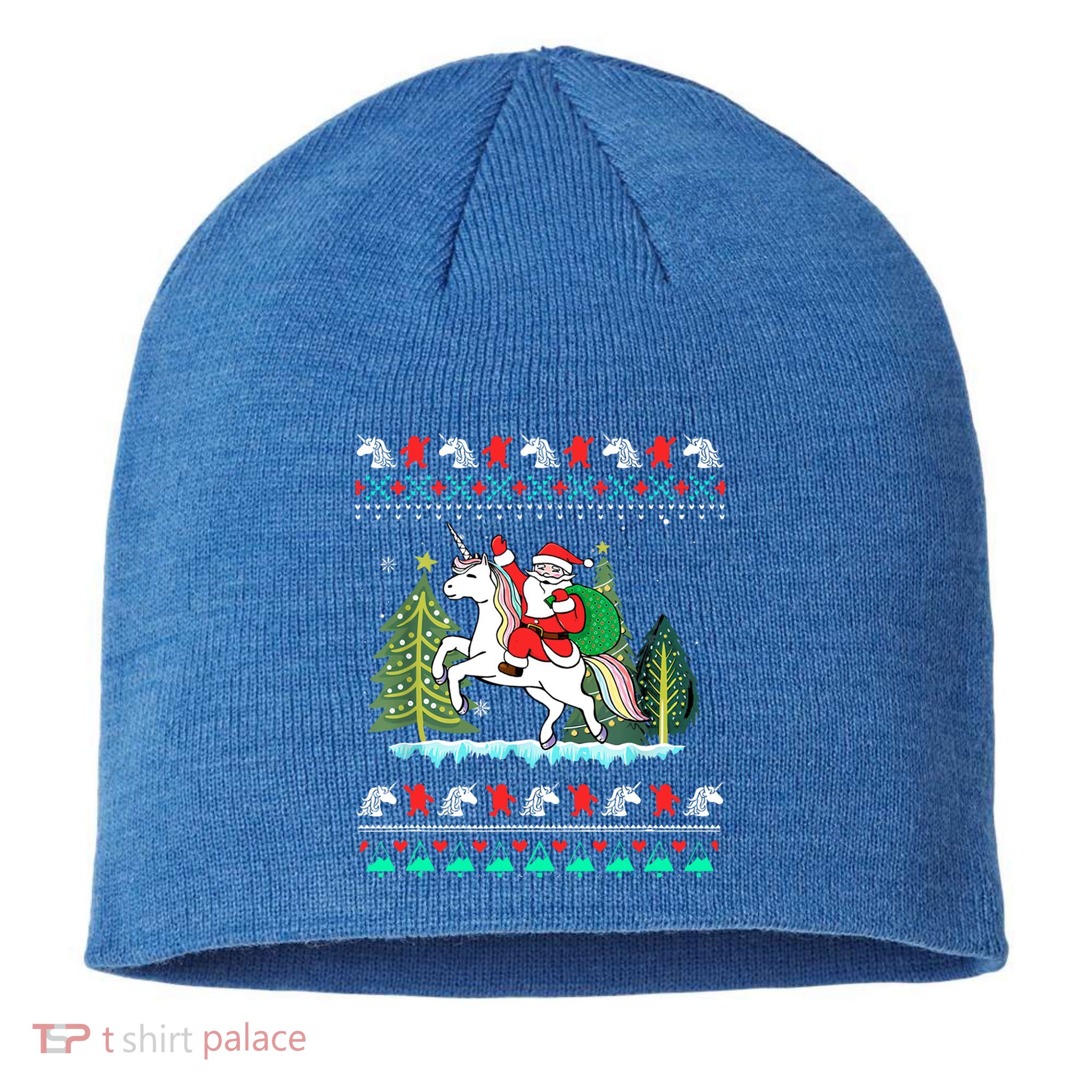 Santa Claus Riding On A Unicorn Ugly Christmas Funny Sustainable Beanie